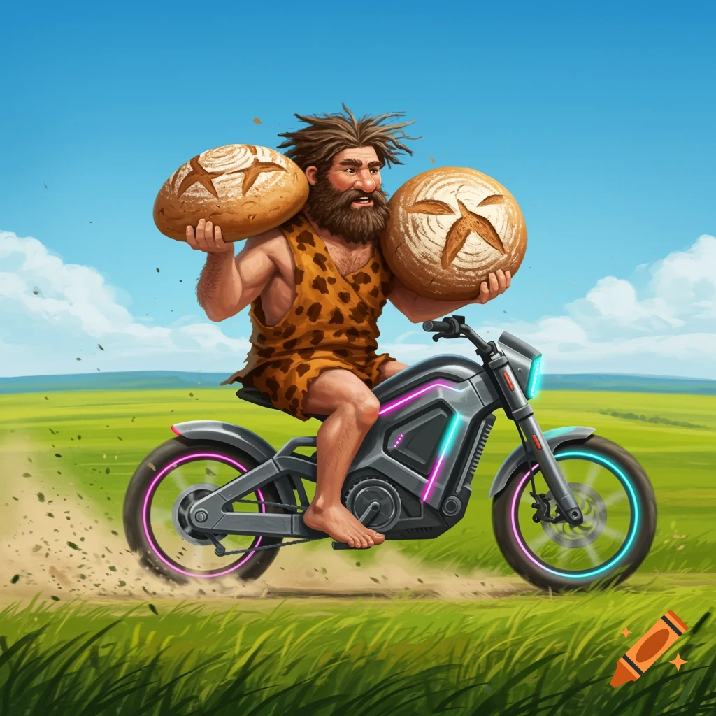 A cartoon caveman rides a futuristic electric bike across a grassy field, holding two large loaves of sourdough bread.