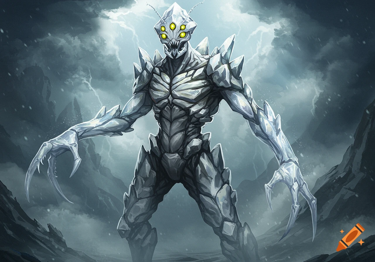 An immense, menacing crystalline creature with rocky plates, multiple yellow eyes, a fanged mouth, and mantis-like claws stands against a stormy, mountainous background.