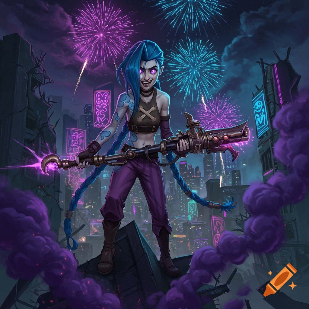 An illustration of Jinx from Arcane, standing on rubble holding a large weapon, with a mischievous grin. Blue and purple fireworks explode behind her over a neon-lit city at night.