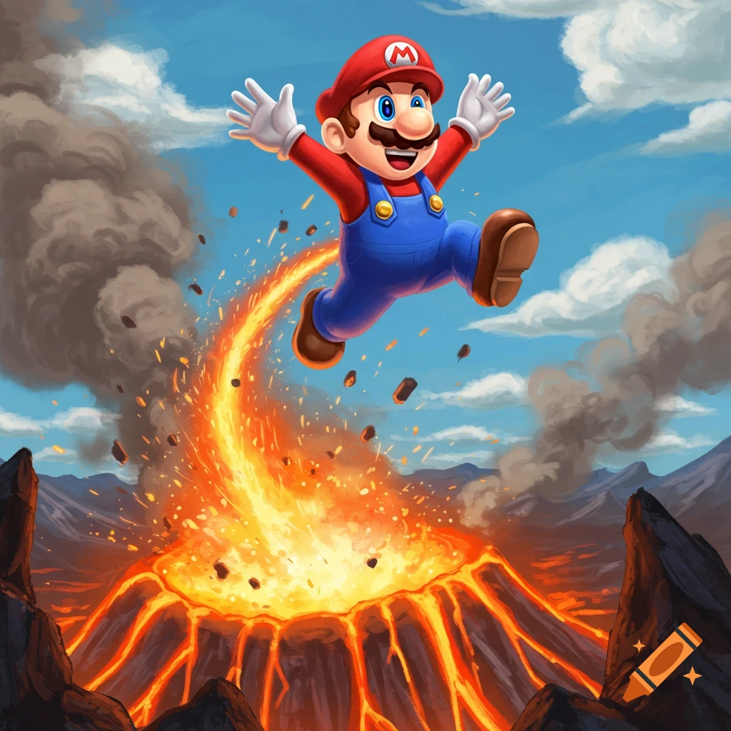 Super Mario jumps high from an erupting volcano, with lava and smoke billowing into the sky, in a vibrant cartoon style.