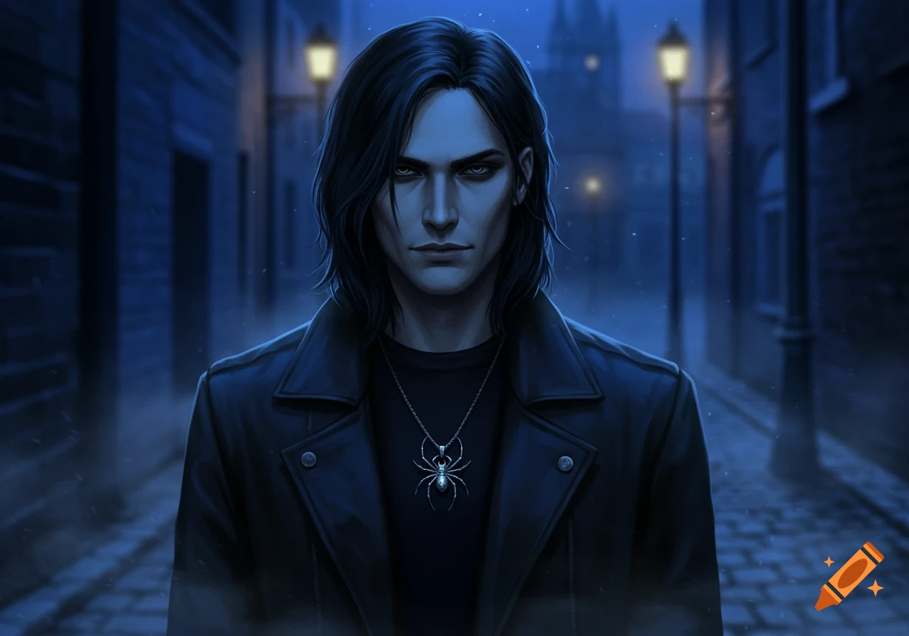 A serious-looking man with long black hair and a spider necklace stands in a dark, atmospheric street scene with streetlights.