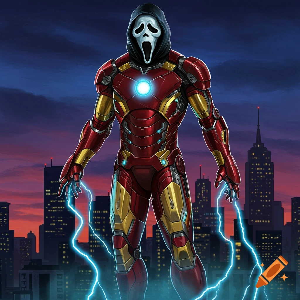 Ghostface in an Iron Man suit stands in a city at dusk, with blue lightning emanating from his hands. Illustrated.