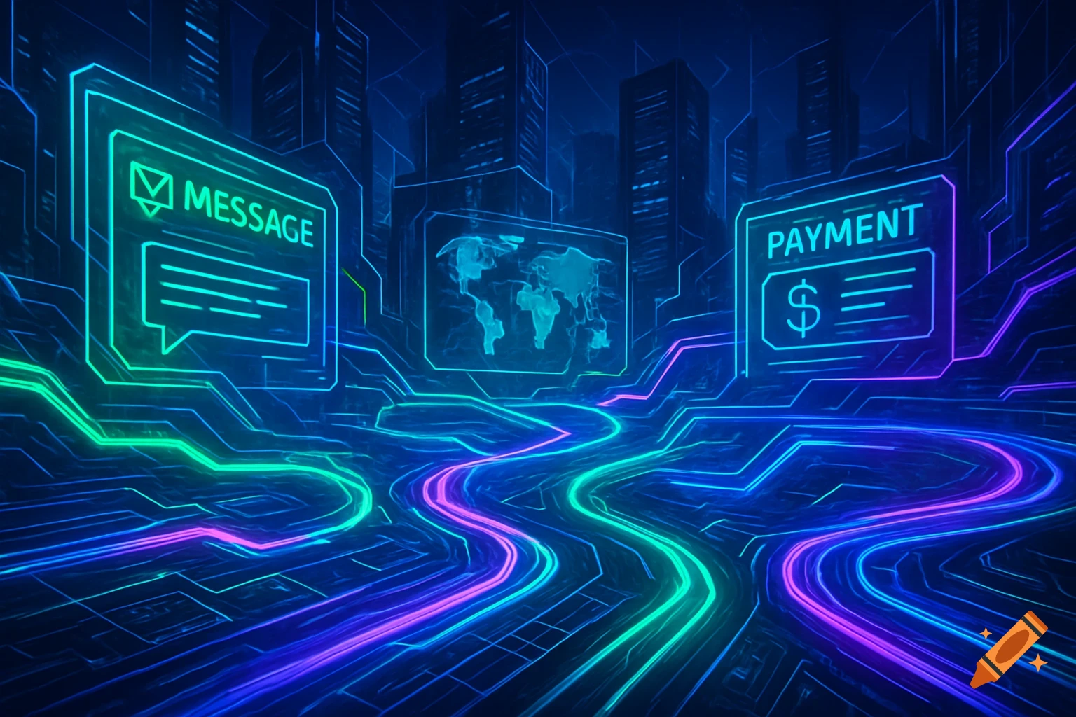 A futuristic digital city landscape with glowing neon circuits leading to holographic screens displaying 'MESSAGE', 'PAYMENT', and a world map.