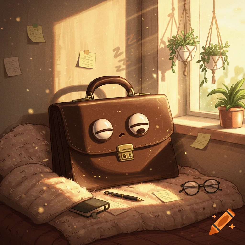 A cartoon brown briefcase with googly eyes sleeps on a pillow in a cozy, sunlit room.