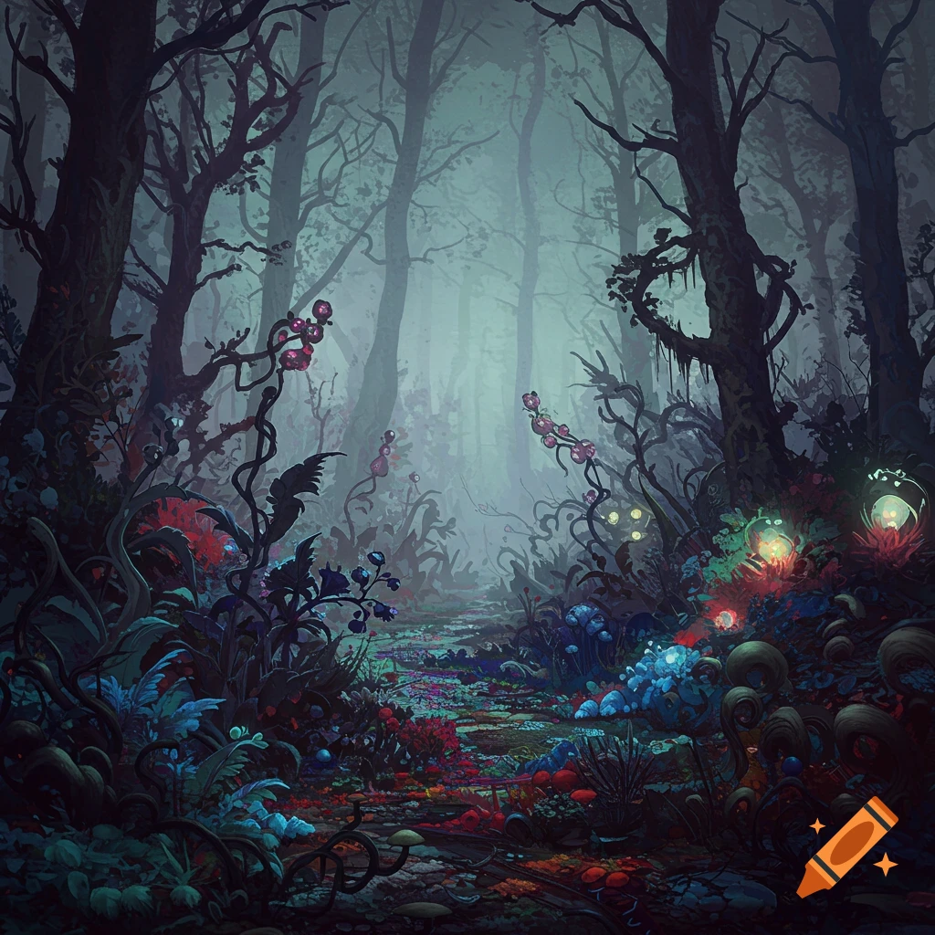 A dark, surreal forest filled with glowing, colorful, alien-like plants and twisted trees, in the style of Zdzislaw Beksinski.