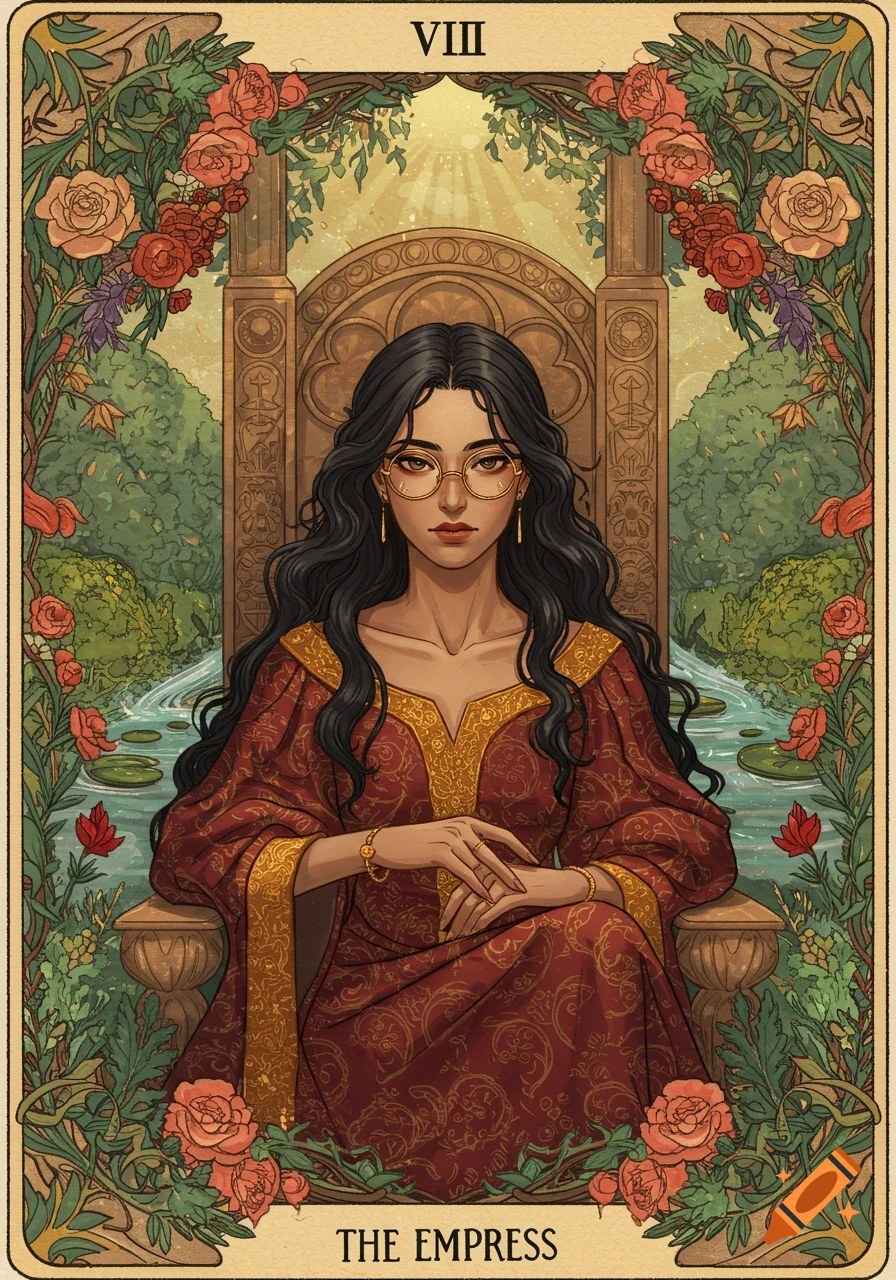 A stylized illustration of a dark-haired woman in a red and gold gown, wearing glasses, seated on an ornate throne amidst a lush garden with a flowing river, framed like a tarot card. Text 'VIII' and 'THE EMPRESS' visible.