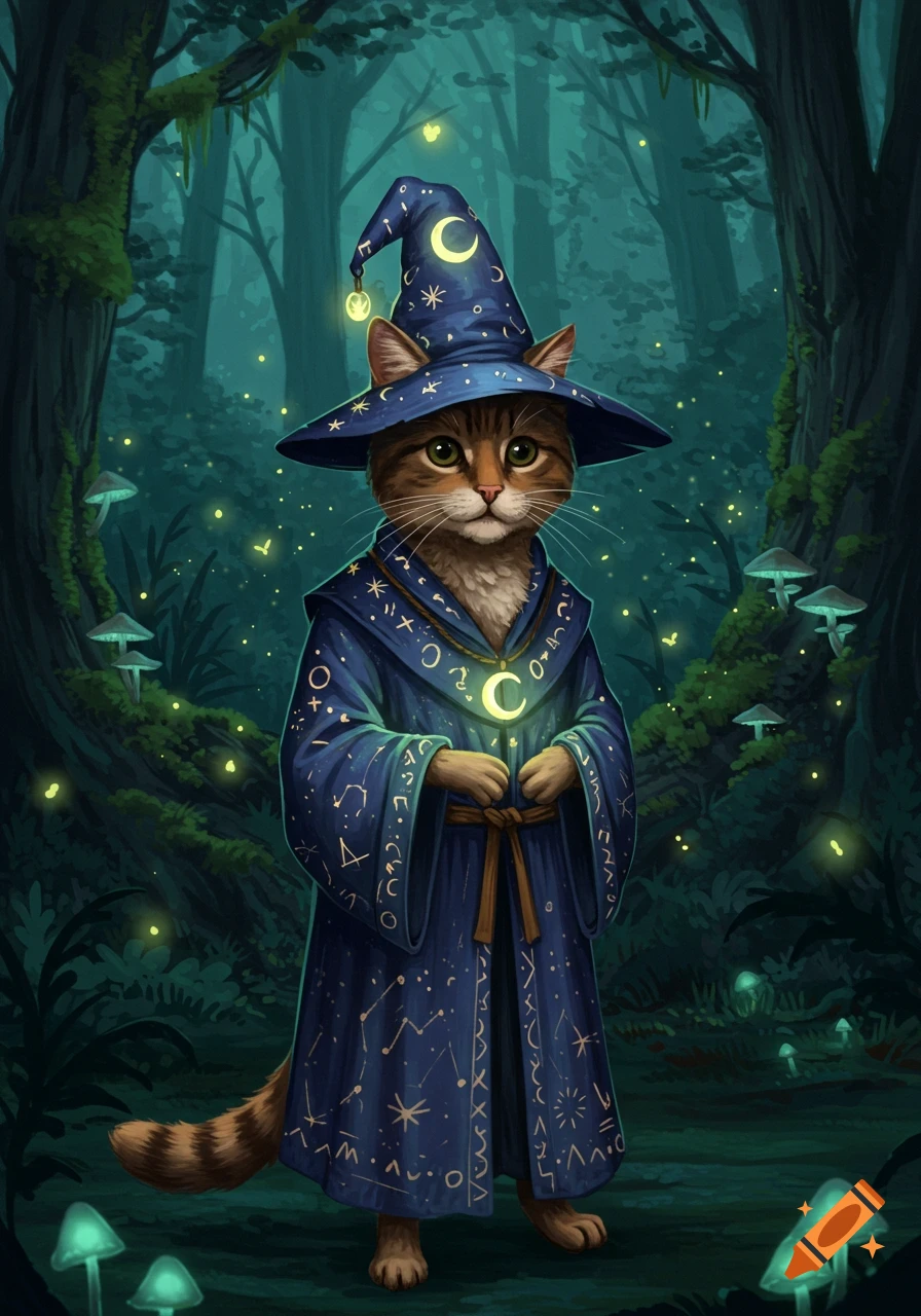 A brown tabby cat wearing a blue wizard hat and robe with glowing symbols, standing in a dark, magical forest with glowing mushrooms and fireflies.