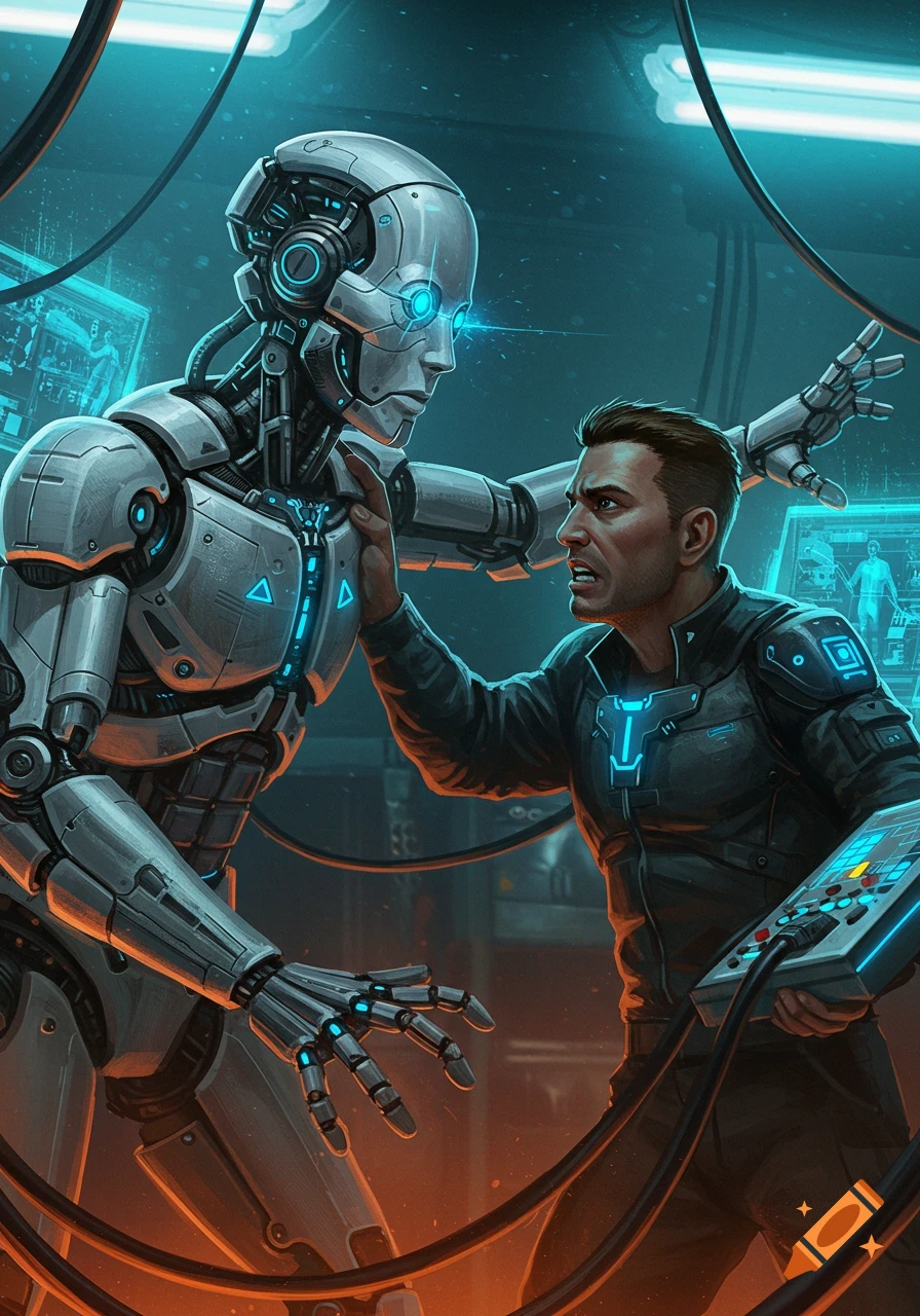 A man struggles with a tall silver robot in a futuristic, neon-lit lab.
