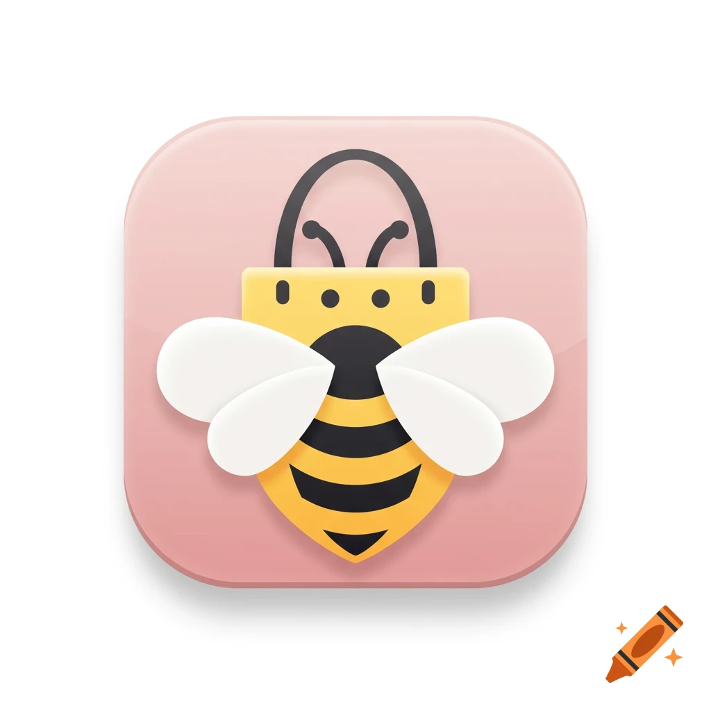 A stylized app icon features a yellow and black striped bee with white wings, shaped like a tote bag, on a rounded pink background.