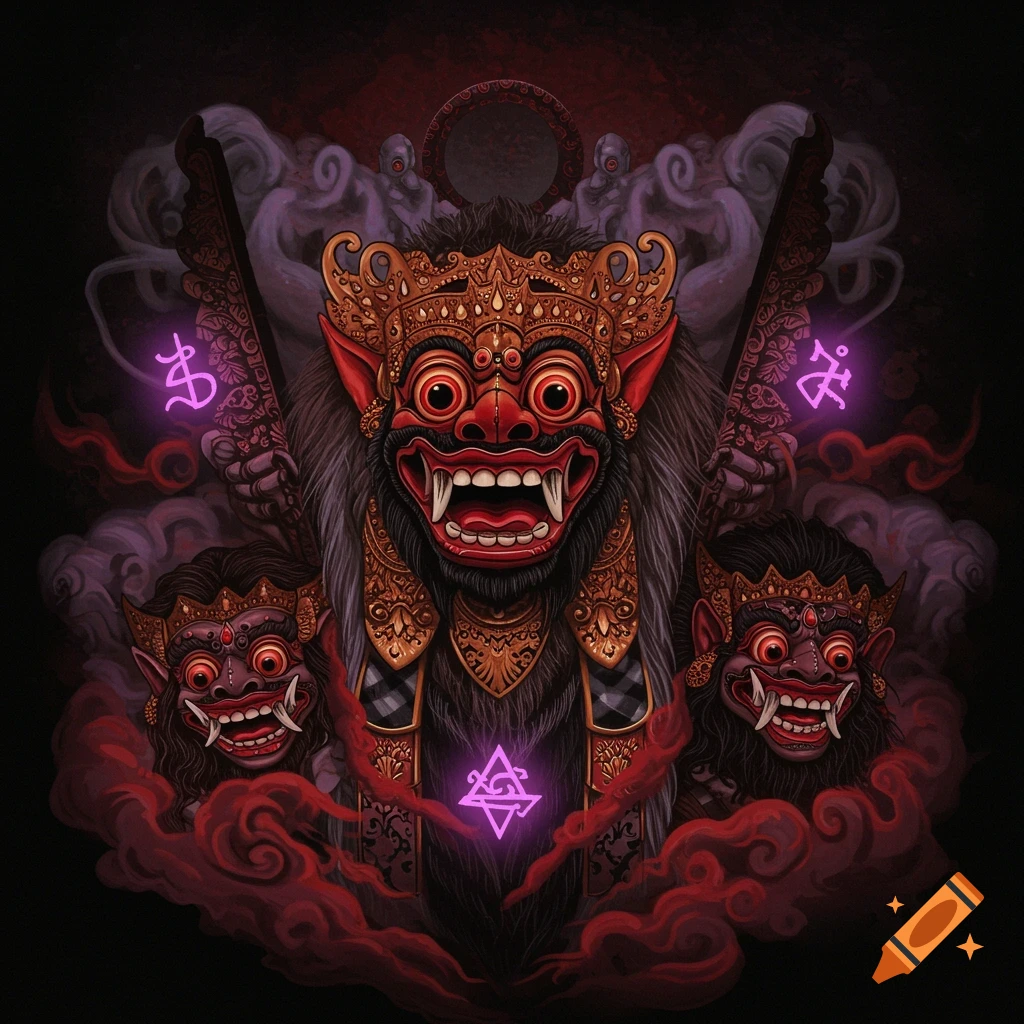 A dark, surreal illustration of a large Balinese Barong-like mask with three heads, featuring red faces, sharp teeth, and golden crowns, surrounded by purple glowing occult symbols and red smoke.