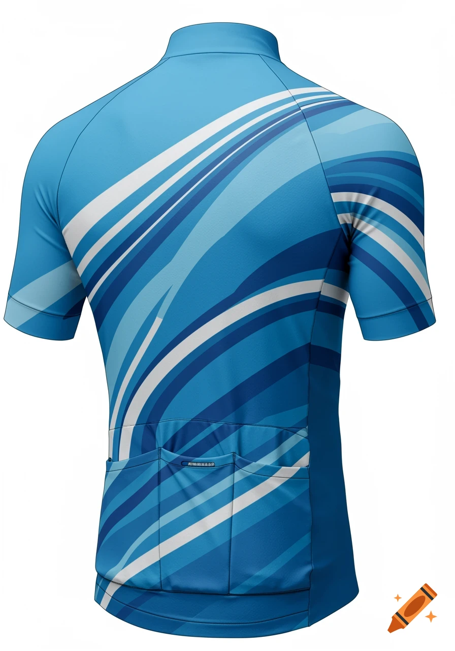Back view of a blue cycling jersey with white, light blue, and dark blue abstract speed lines and pockets.