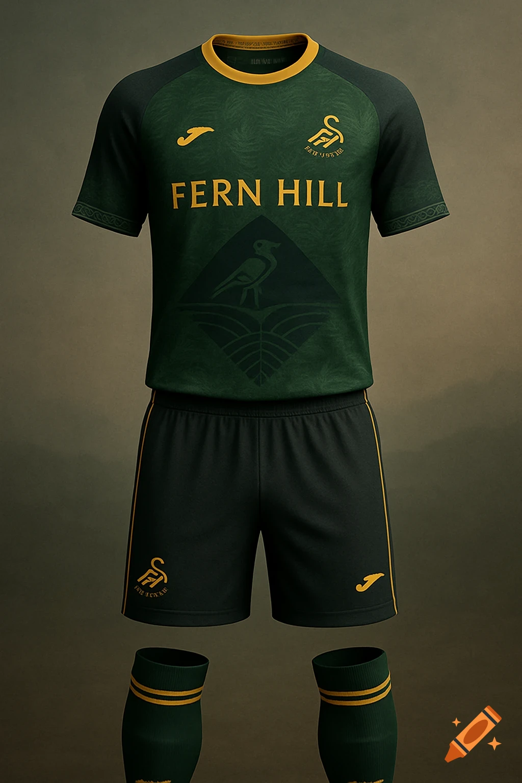 A detailed football kit in deep forest green, charcoal black, and golden yellow, featuring "FERN HILL" text and a bird logo on the shirt.