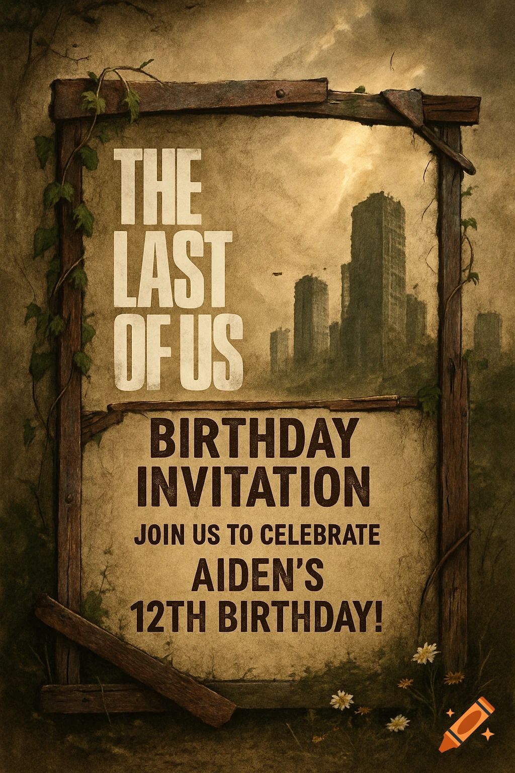 A distressed birthday invitation with "The Last of Us" theme, featuring a wooden frame, vines, and a backdrop of dilapidated city buildings under a stormy sky. Text reads "The Last of Us Birthday Invitation Join Us to Celebrate Aiden's 12th Birthday!".