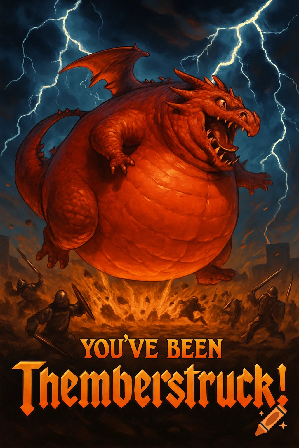 An obese red dragon belly-flops onto a medieval battlefield with terrified knights under a lightning storm. Text reads: "YOU'VE BEEN Themberstruck!"