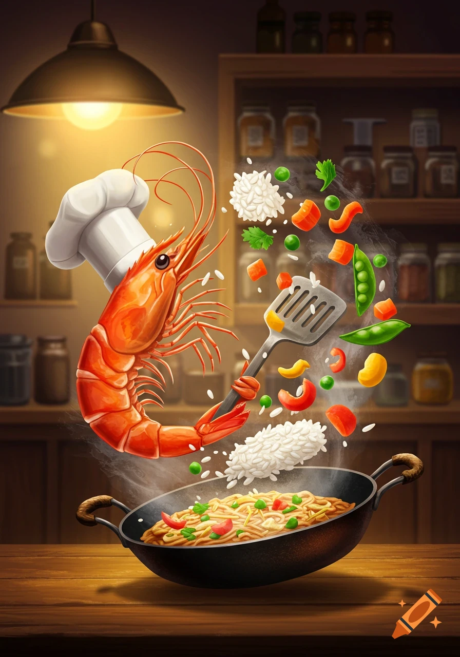 An illustrative image of a chef shrimp stir-frying rice in a wok with vegetables and rice floating in a warm kitchen.