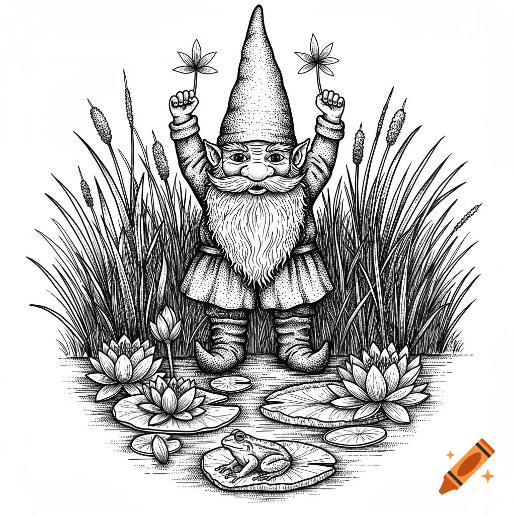 A black and white illustration of a gnome holding leaves, standing in a pond with lily pads, a frog, and cattails.