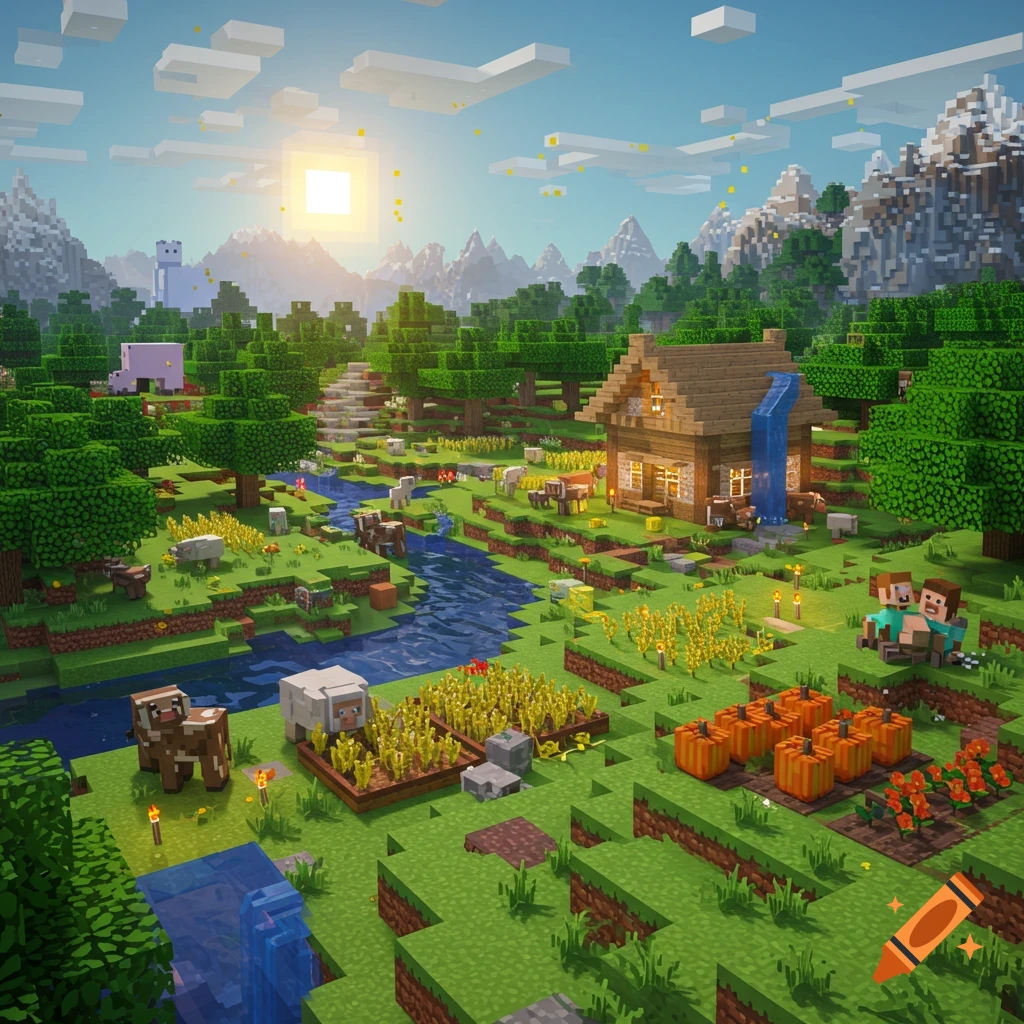 A vibrant Minecraft landscape featuring a river, house, farms, animals, and characters under a sunny sky.