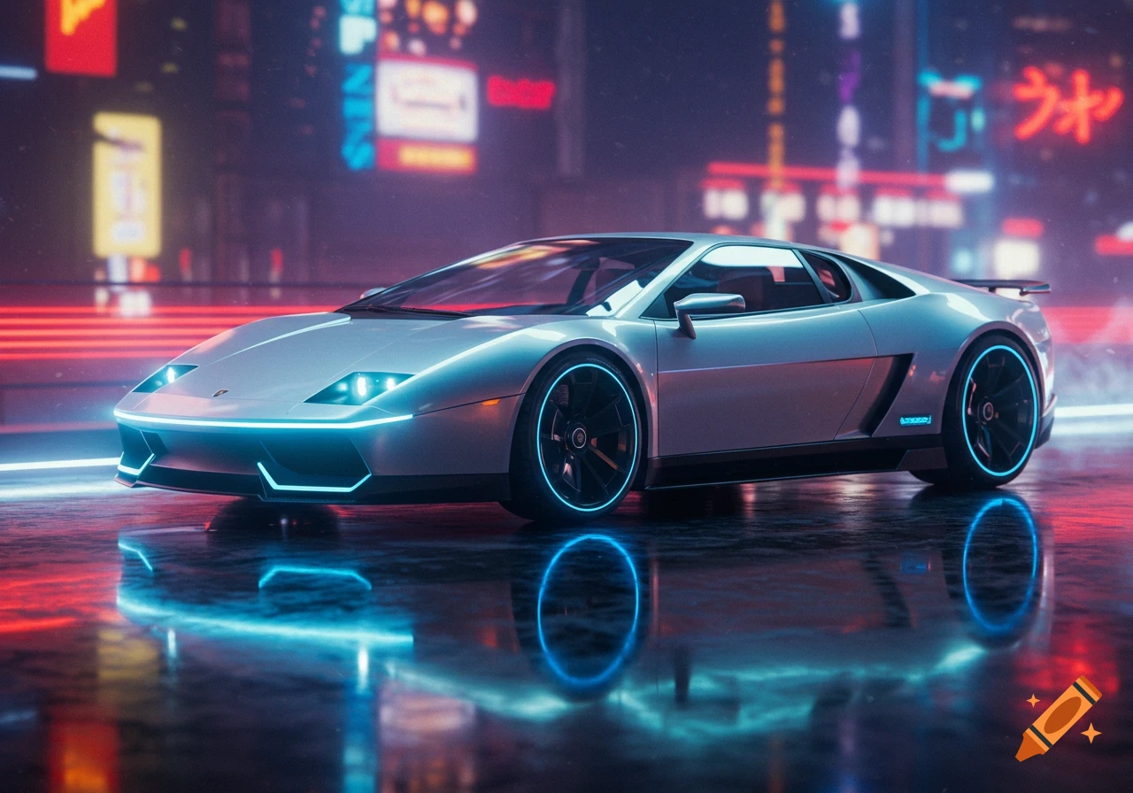 A sleek silver futuristic sports car with glowing blue lights parked on a wet, reflective street at night, with blurry neon city signs in the background.