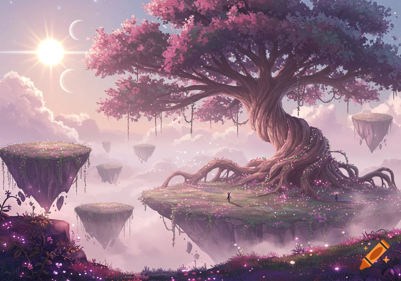 Fantasy landscape with a large pink flowering tree on a floating island, surrounded by smaller islands and a glowing sun and moons in a pastel sky.