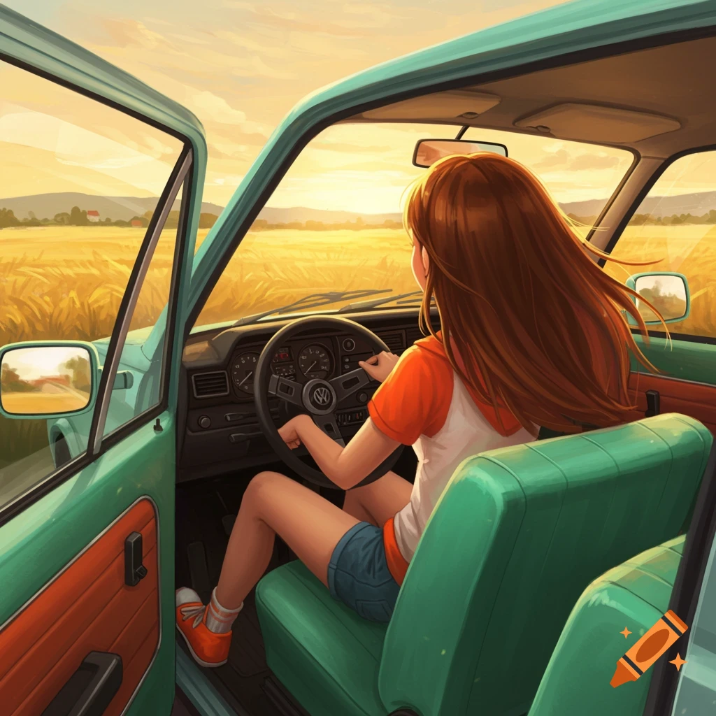 Cartoon girl with long brown hair driving a teal Volkswagen in a golden field at sunset, seen from inside the car.