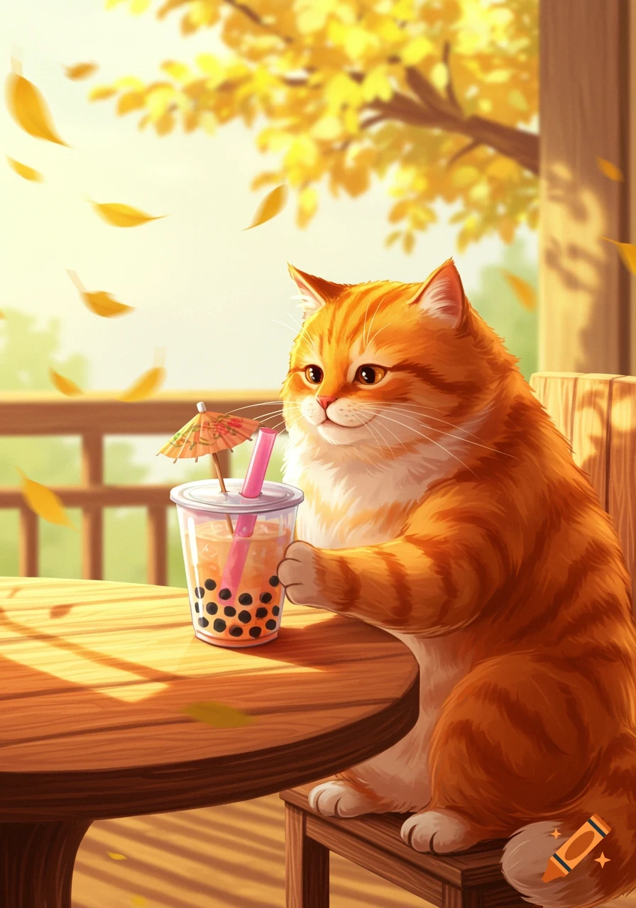 A chubby orange cat sits at a wooden table outdoors, holding a bubble tea with a tiny umbrella, as autumn leaves fall.