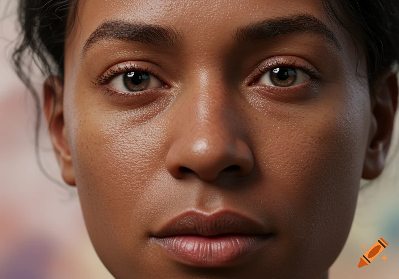 Close-up photorealistic portrait of a person's face with detailed skin texture and brown eyes.