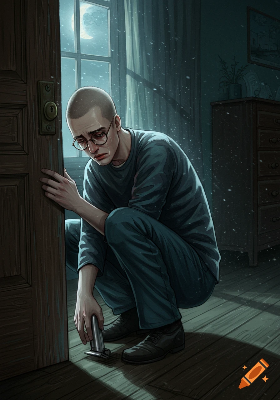 An illustration of a distraught man with a buzzcut and glasses, crouching behind a door, crying while holding hair clippers during a snowy night.