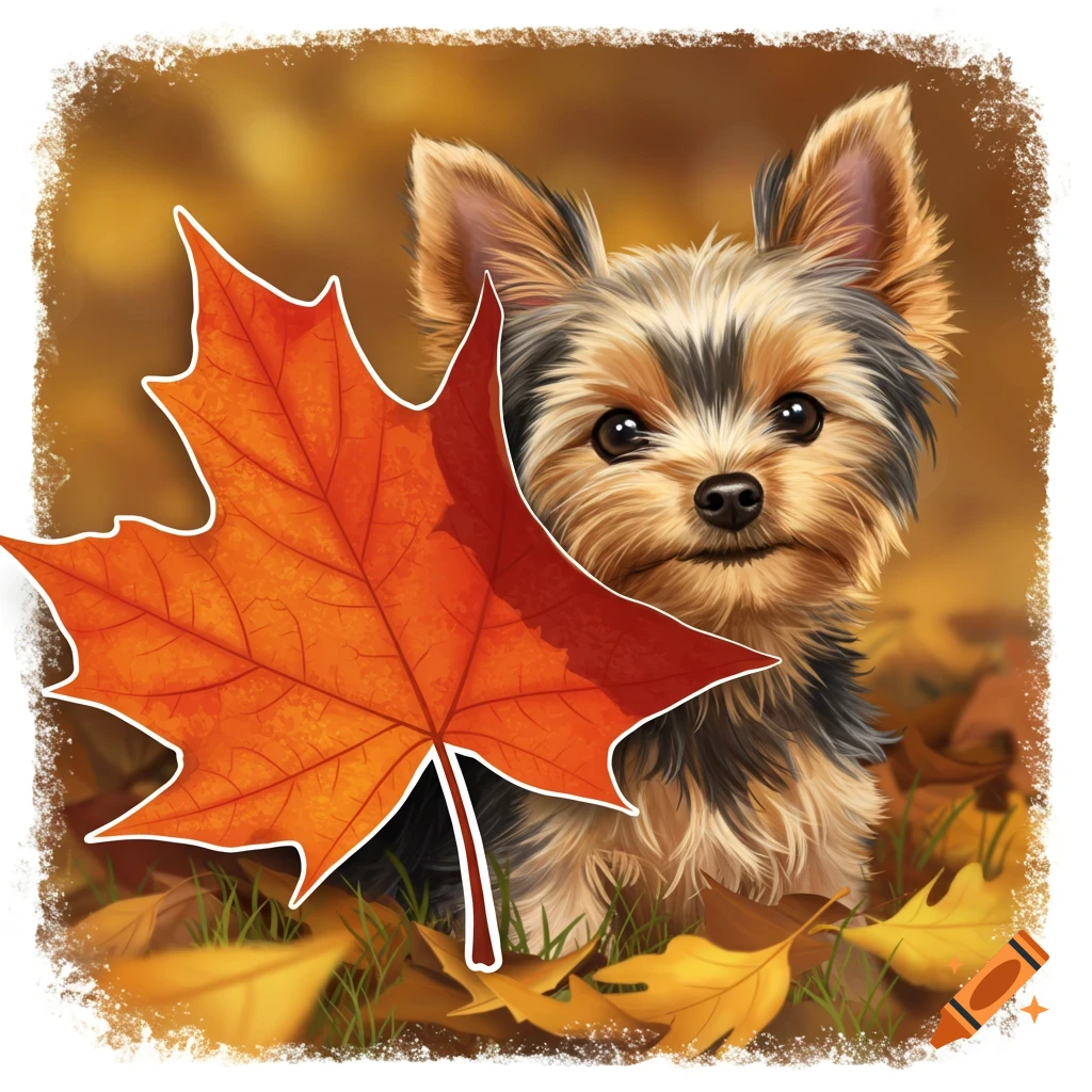 Cute Yorkshire Terrier puppy peeking from behind a large orange maple leaf in an autumn setting, illustration.