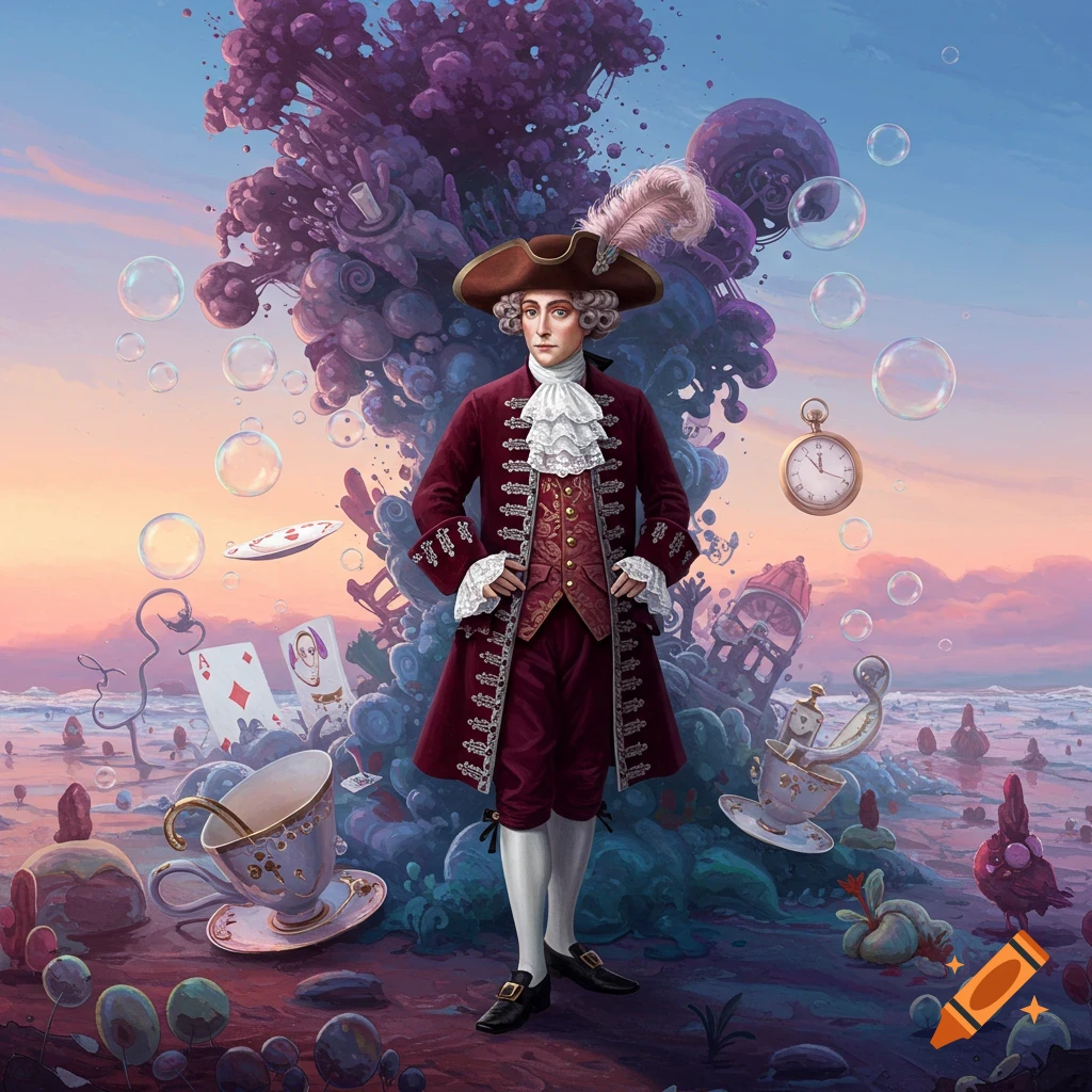 A dandy in historical attire stands in a whimsical, Alice in Wonderland-like landscape with floating teacups, playing cards, and bubbles at sunset.