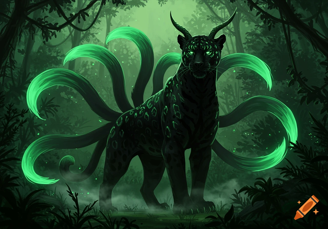 A mystical black jaguar with glowing jade green eyes and nine glowing green tails stands in a misty, dark green jungle.