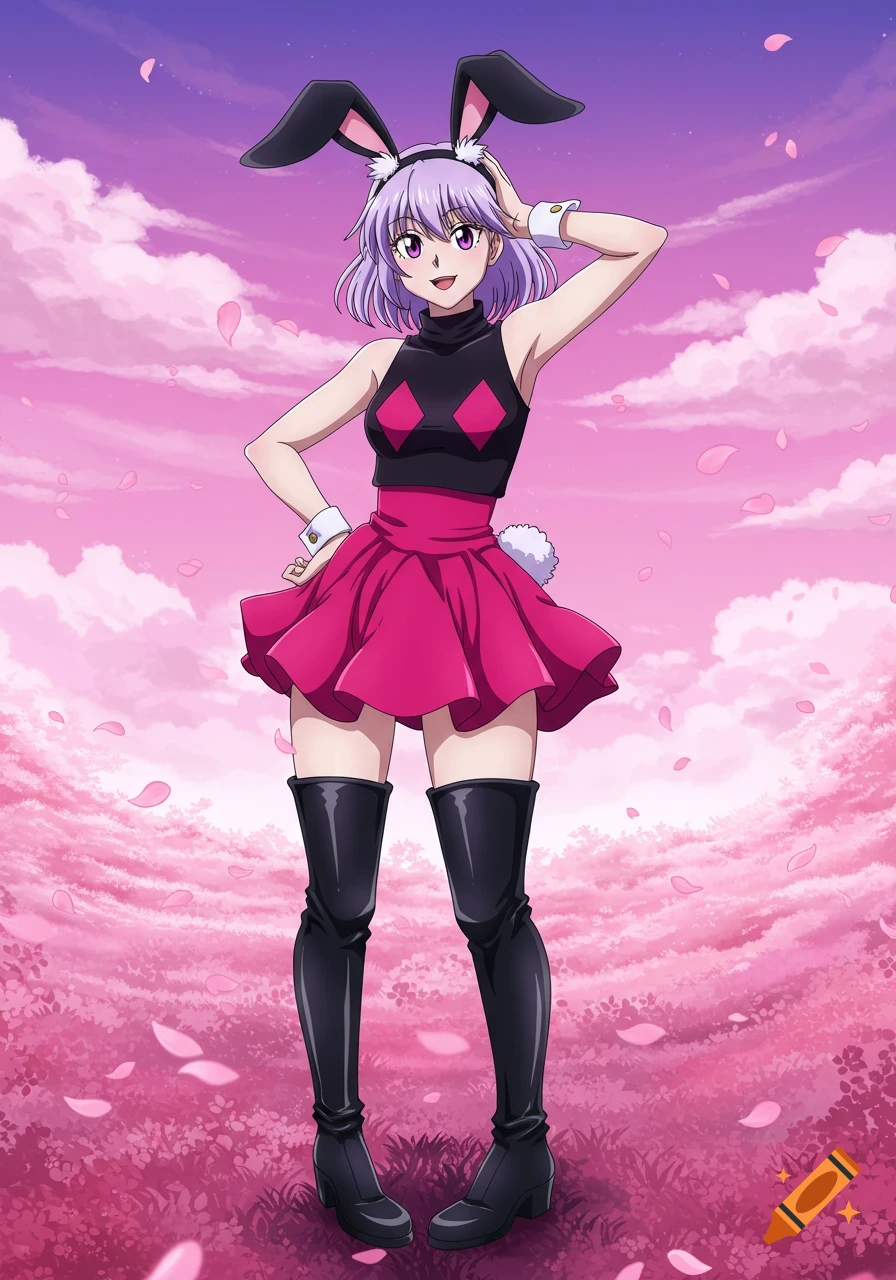 Anime girl with purple hair and bunny ears in a pink and black outfit, standing in a field with pink flowers.