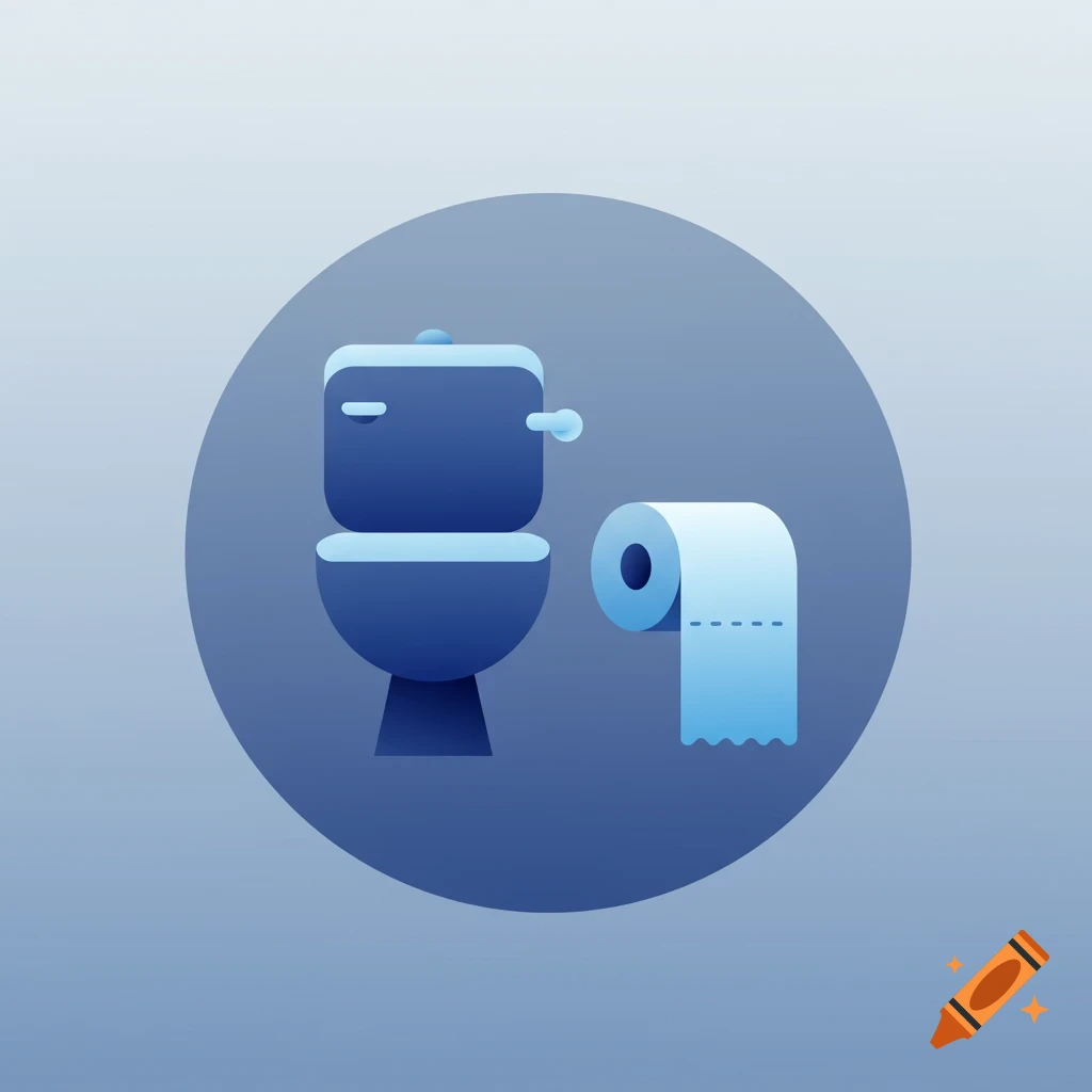 A blue stylized icon of a toilet and a roll of toilet paper.