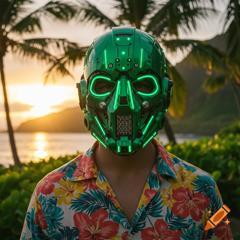 A person wearing a glowing green futuristic robot mask and a Hawaiian shirt stands against a sunset tropical background.