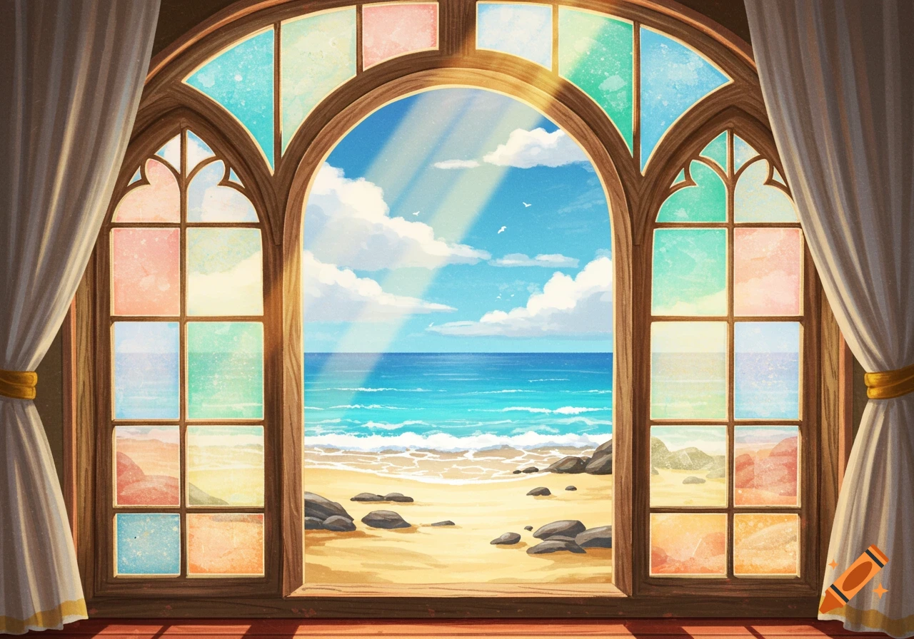 A vibrant stained glass arched window overlooks a sunny beach with blue ocean waves and a clear sky.