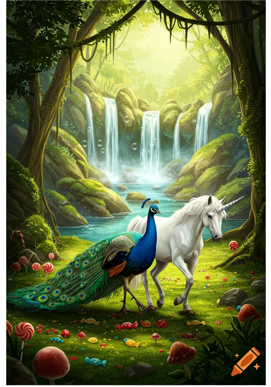A vibrant illustration of a peacock and a white unicorn standing in a lush rainforest with bubbly waterfalls, surrounded by candy on the grassy ground.