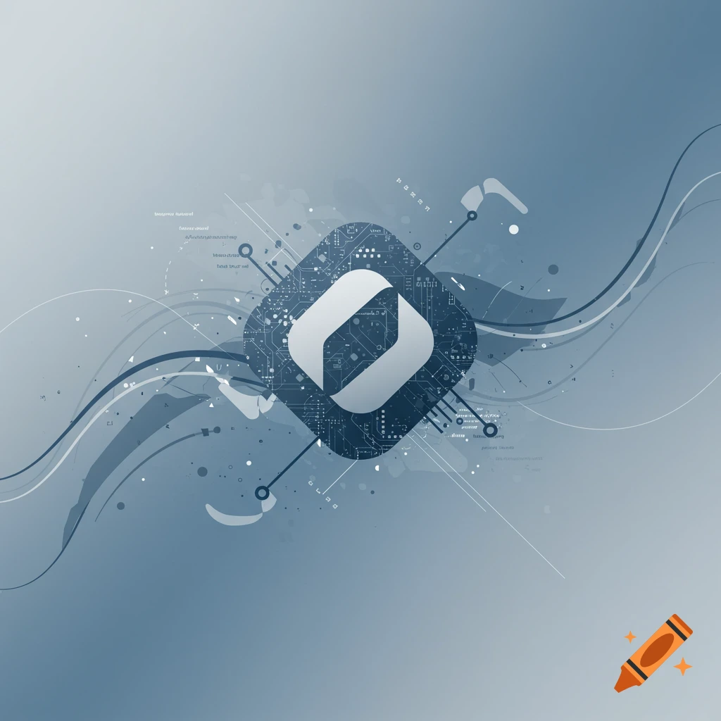 An abstract, modern digital design with a central circuit board-like square containing a stylized emblem, surrounded by wavy lines, dots, and faint textual elements on a blue-grey background.