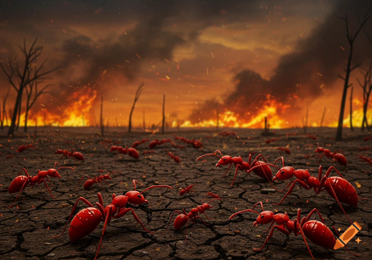 Red ants crawl on dry, cracked earth under a fiery, smoke-filled sky with burning trees in the distance.