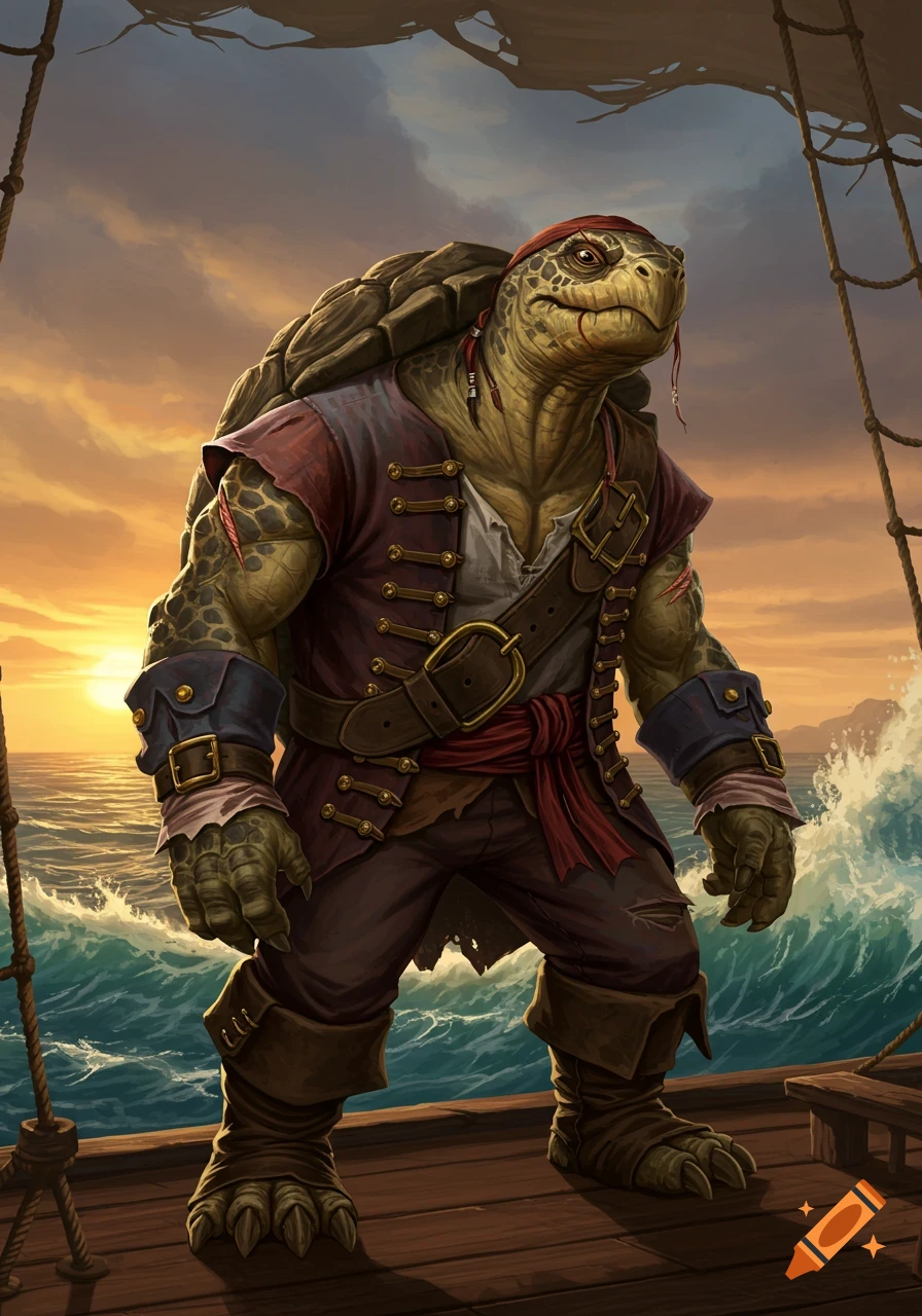 A detailed digital painting of a confident turtle pirate with scars, wearing a red bandana and pirate attire, standing on a ship deck at sunset.