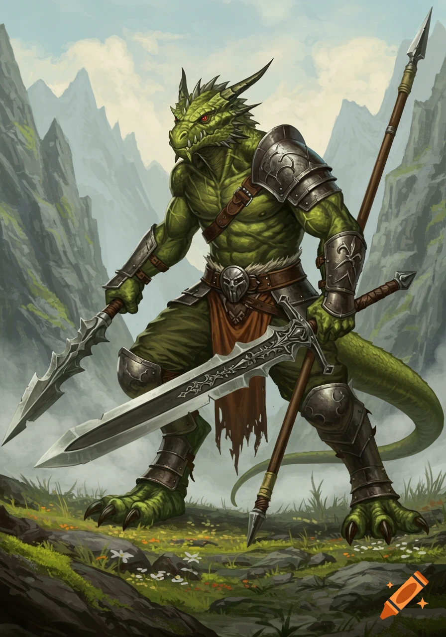 A green dragonborn barbarian in armor holds a greatsword and spear, standing in a mountainous landscape.