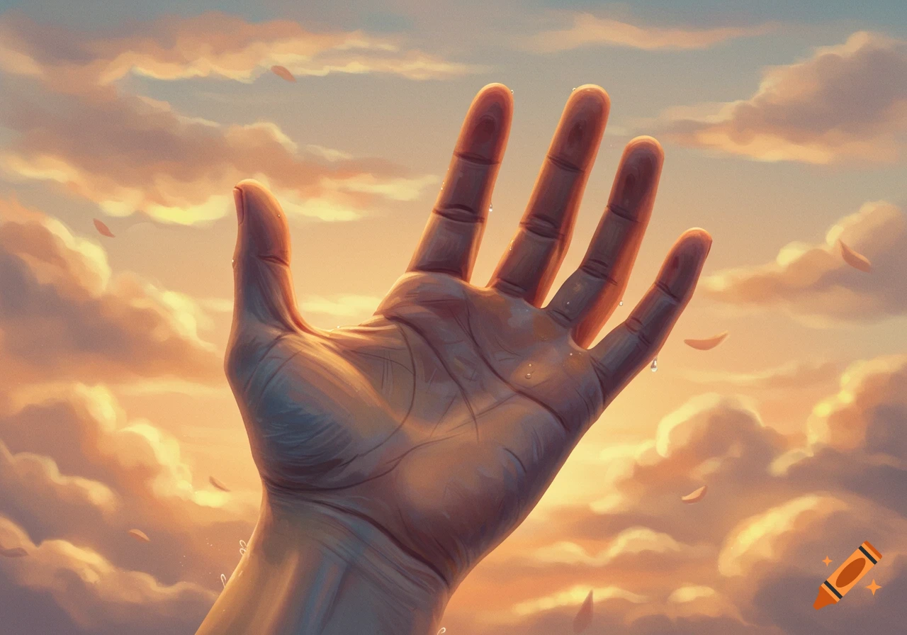 A human hand reaches up towards a warm, cloudy sky at sunset, with water droplets on the palm, in a digital painting style.