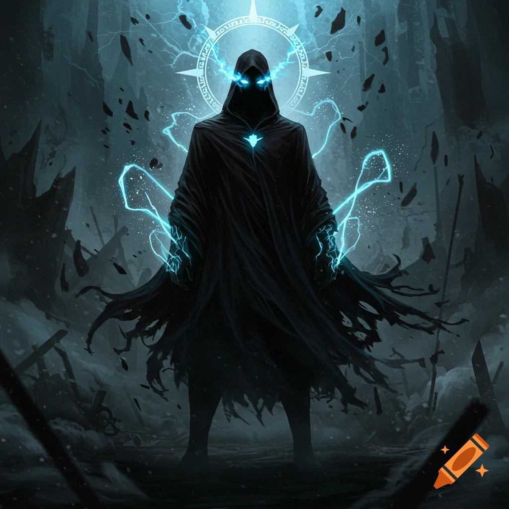 A dark hooded figure with glowing blue eyes and electrifying blue energy stands in a desolate, ruined landscape.