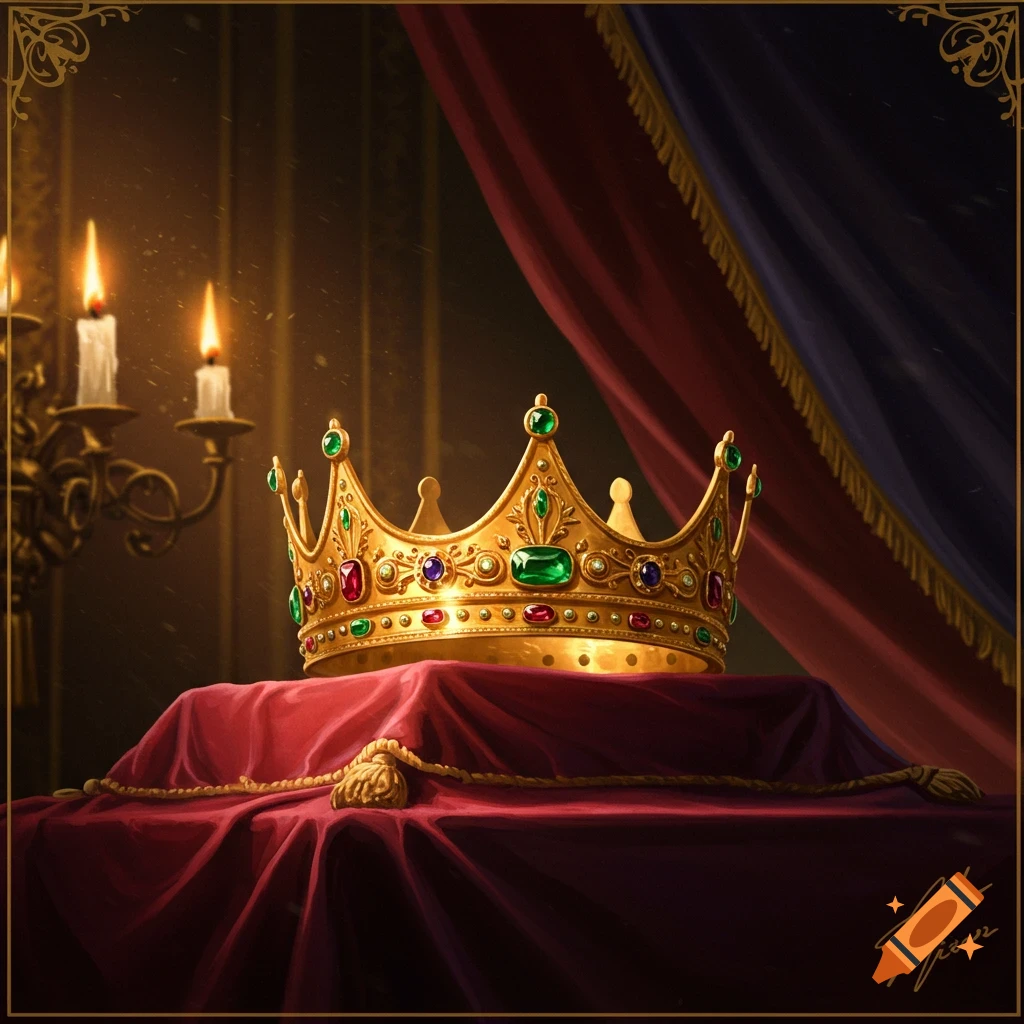A golden crown adorned with colorful jewels rests on a red velvet cloth. Lit candles and rich drapes are in the background. Digital art.
