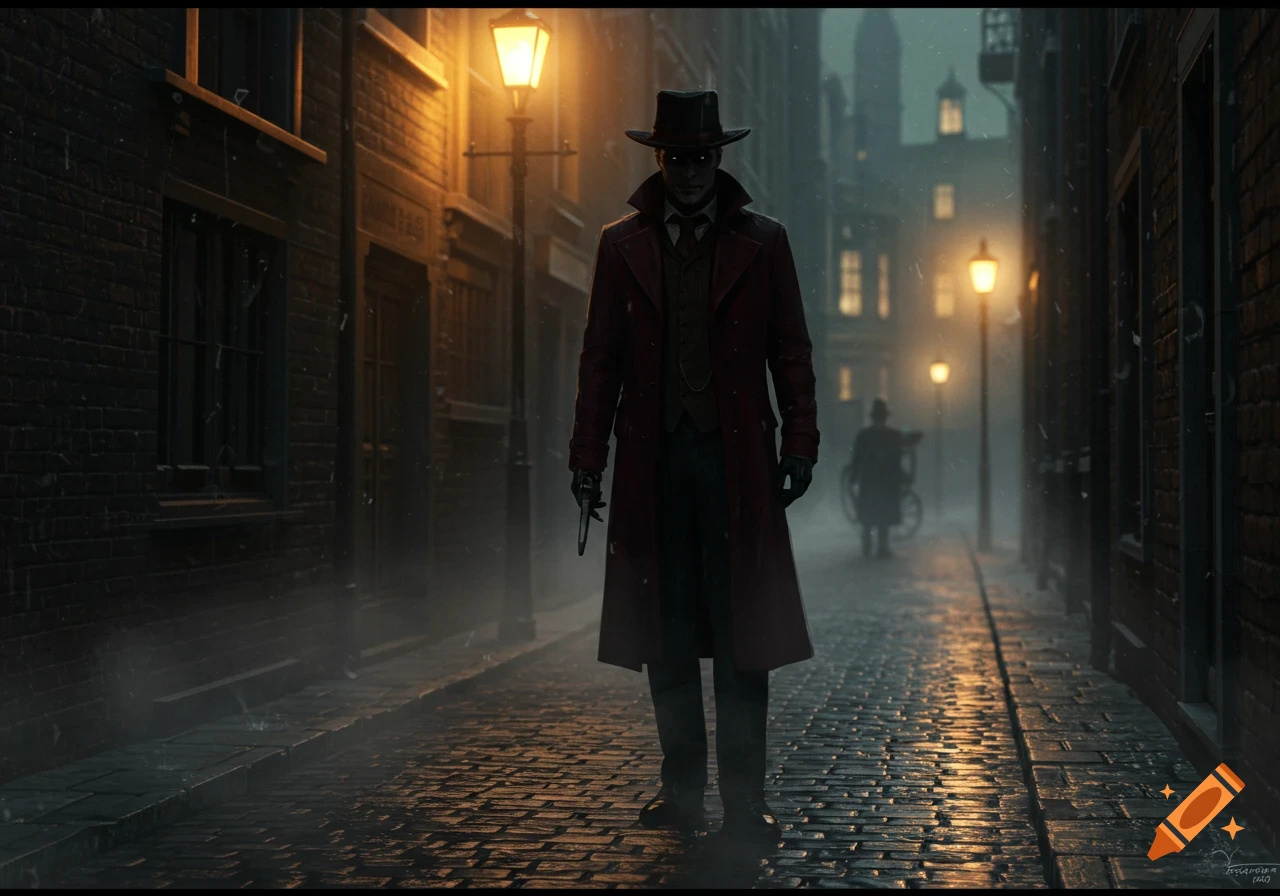 A menacing figure in a black hat and red coat stands on a wet cobblestone street under gaslights, holding a blade in a foggy, rainy Victorian alley.