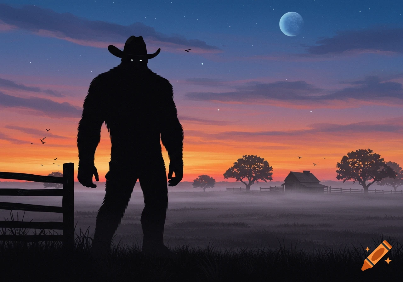 Bigfoot silhouette in a cowboy hat stands in a misty field at sunset with a barn and trees in the distance.