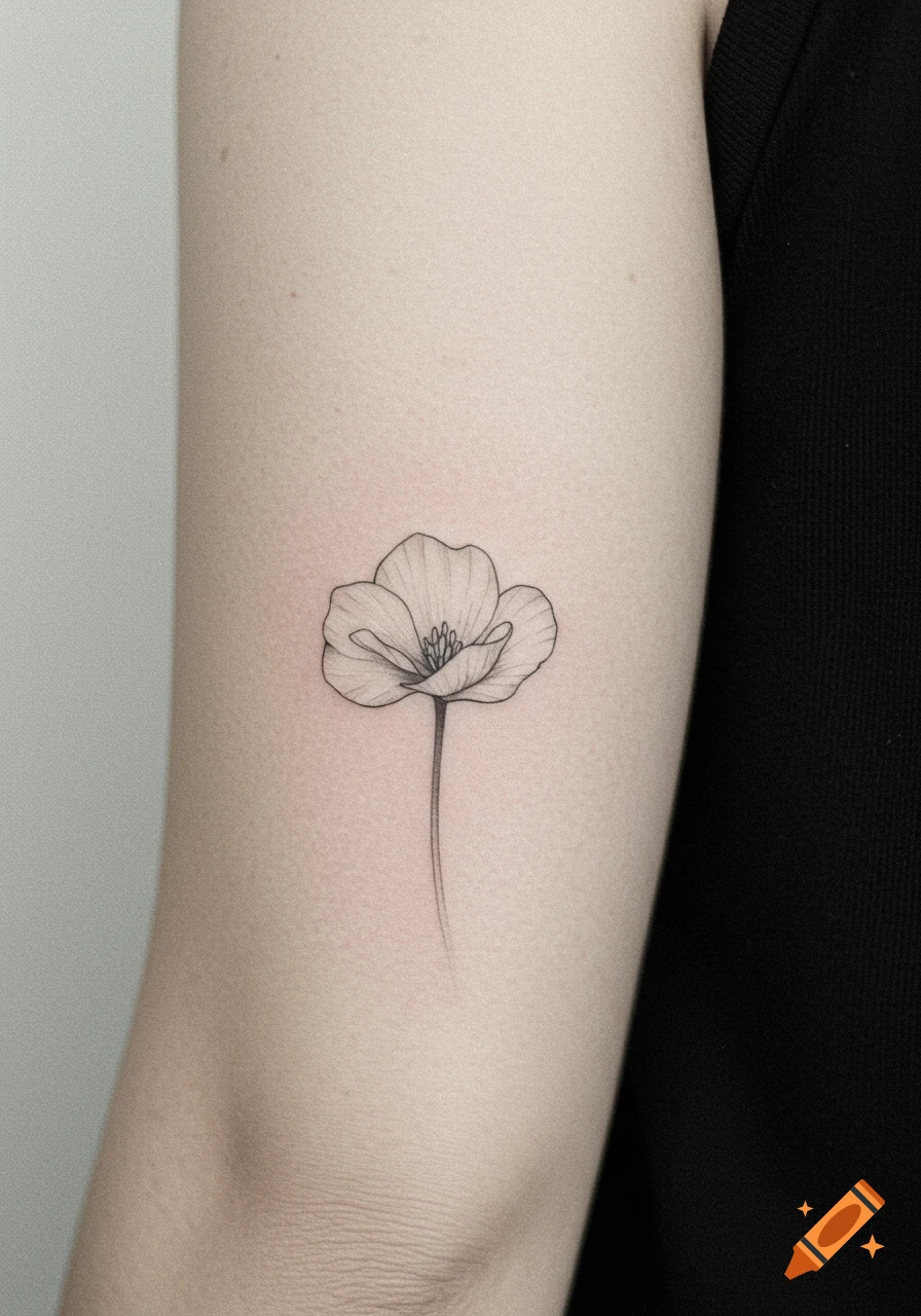 A black and white minimalist line drawing of a poppy flower tattooed on an arm.