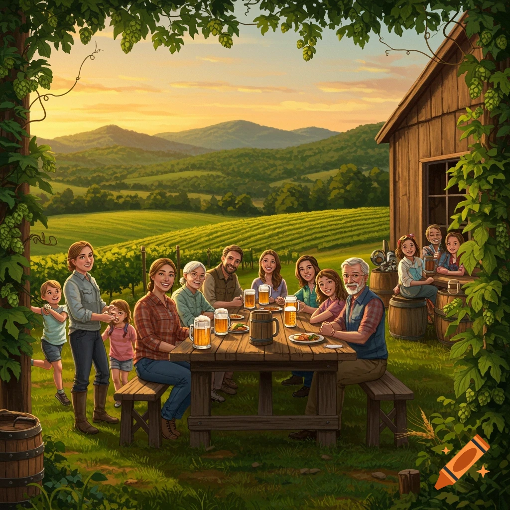 An illustrated family gathering at a wooden table outdoors at a farm brewery with mountains and vineyards in the background at sunset.