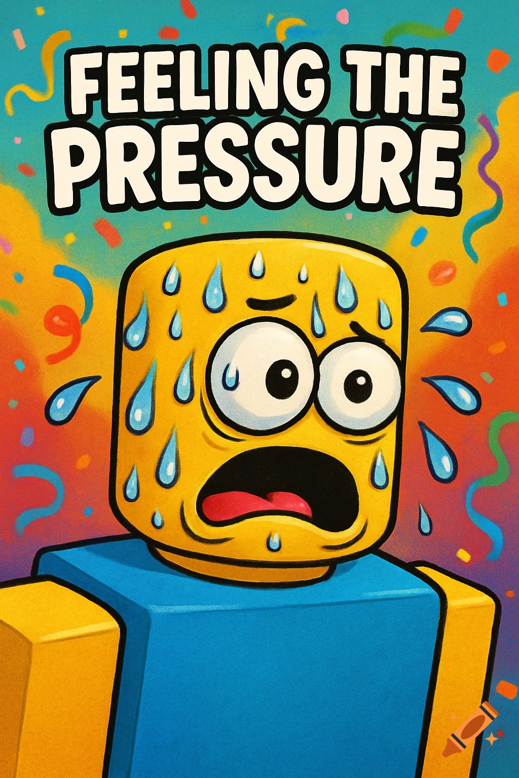 A cartoon Roblox character sweating and looking stressed under the text 'FEELING THE PRESSURE', with a colorful background.