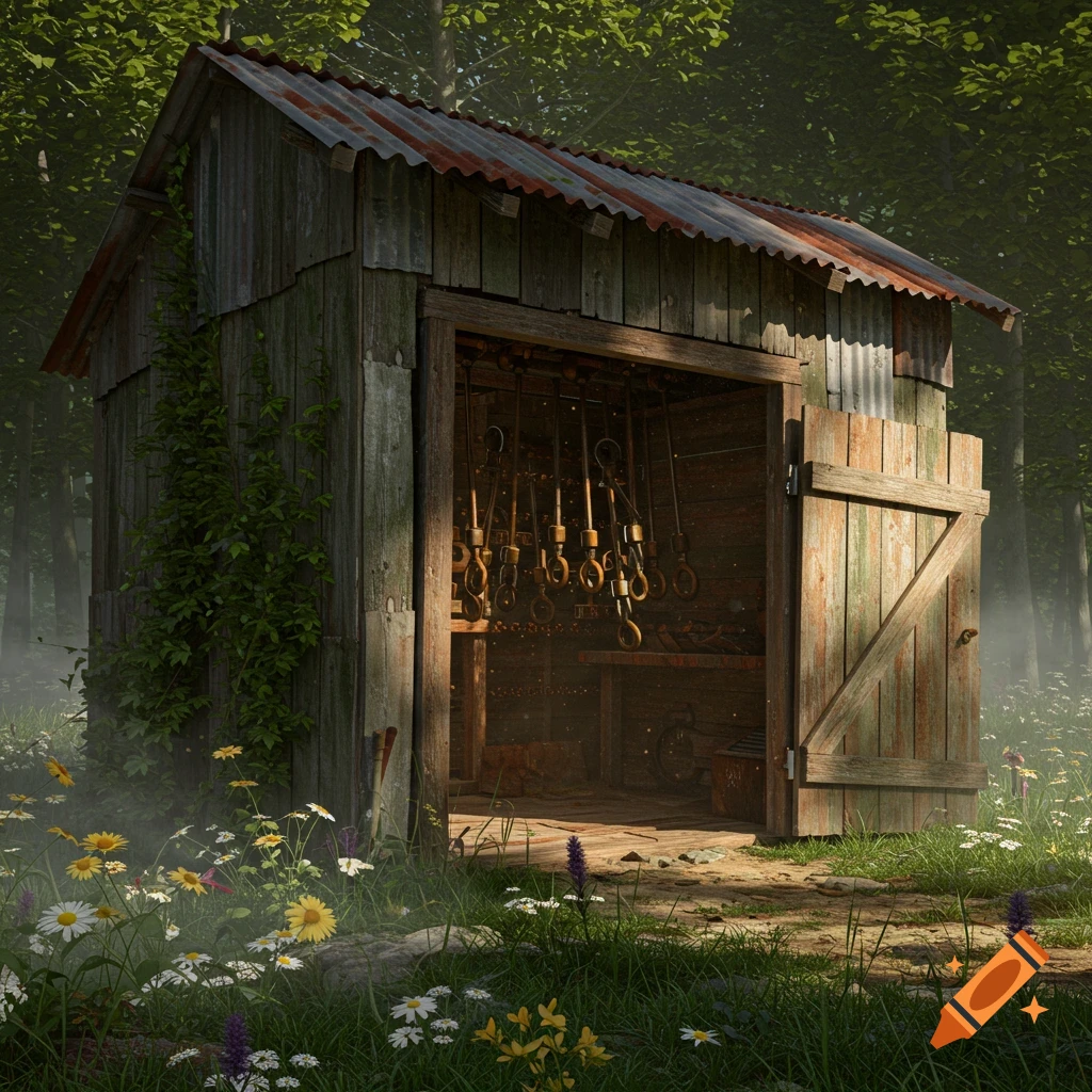 A weathered wooden shed with an open door revealing hanging tools, surrounded by wildflowers in a sun-dappled forest.