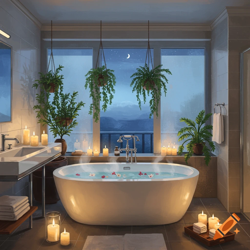 Cozy bathroom with steaming bathtub, floating flowers, and many lit candles. Hanging plants frame a large window with a night mountain view.