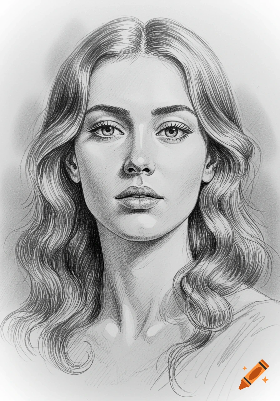 A black and white pencil sketch portrait of a young woman with long wavy hair.